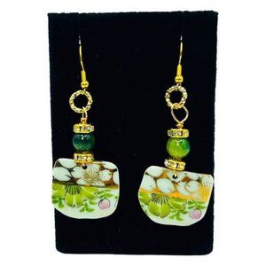 Artisan Broken China Earrings Handmade with Green Agate & Crystal Findings